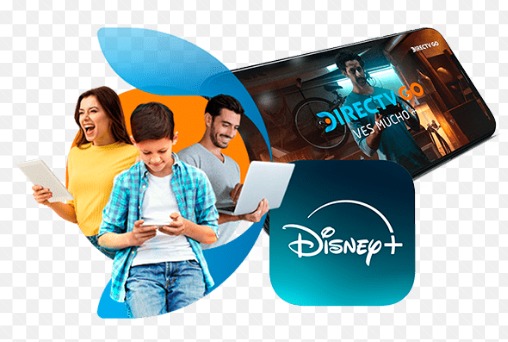 Familia viendo la app DGO de DIRECTV en celular, tablet y notebook, junto al logo de Disney+