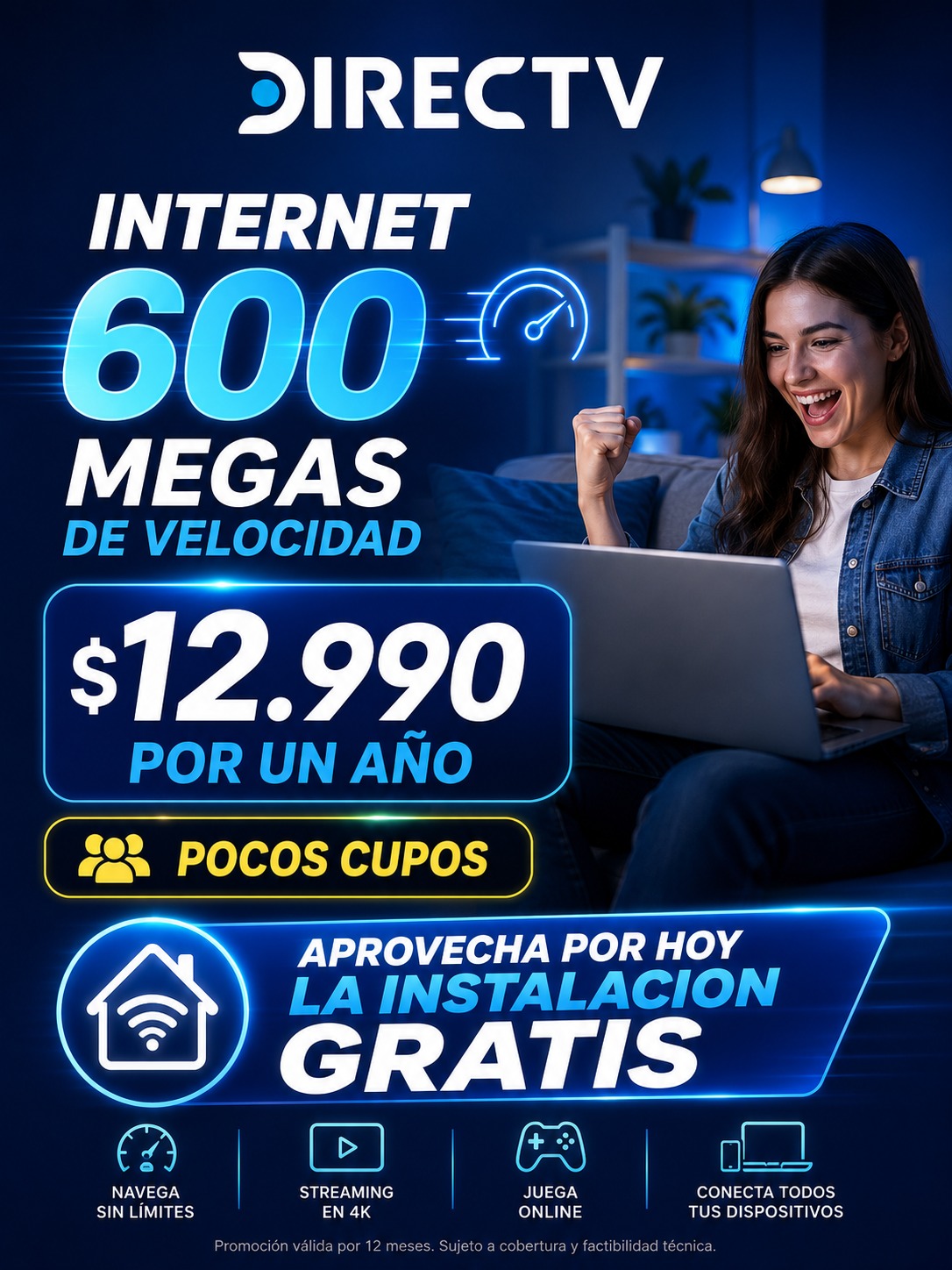 Plan DIRECTV internet fibra 600 megas a $12.990 por un año con instalación gratis