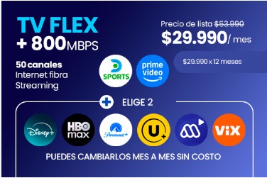 Promoción DIRECTV TV Flex más internet 800 megas a $29.990 al mes con DSports, Prime Video y 2 streamings a elección